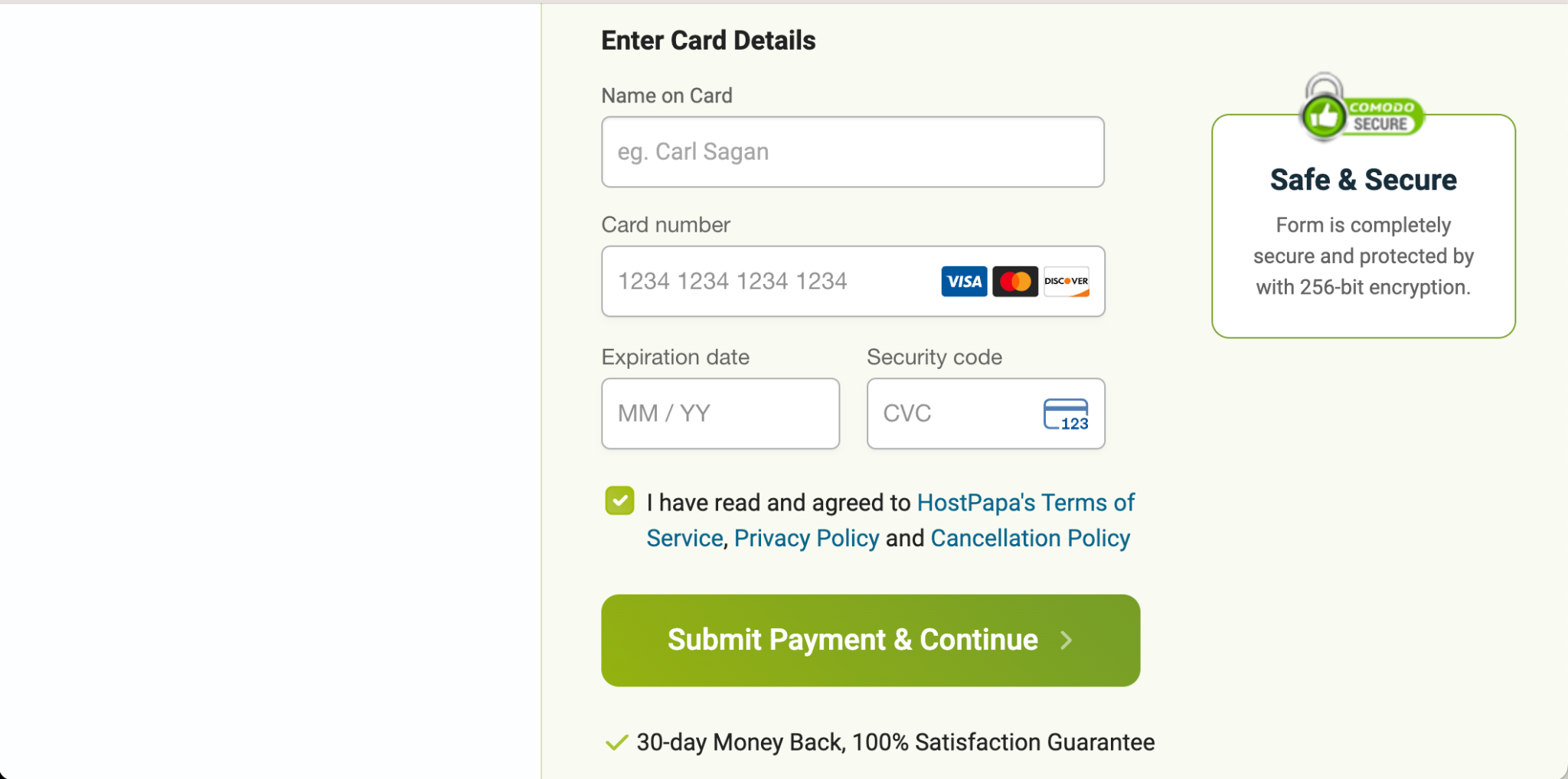 HostPapa payment method and checkout screen