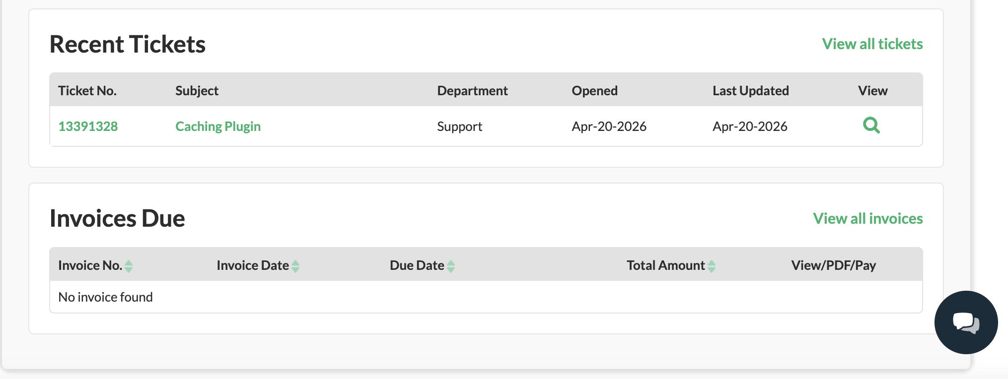 HostPapa recent tickets and invoices dashboard overview