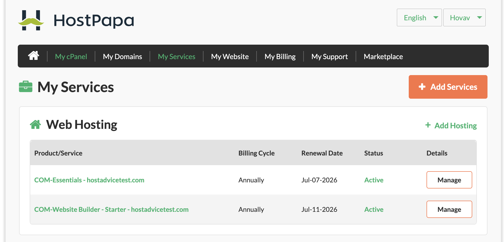 HostPapa My Services web hosting details page