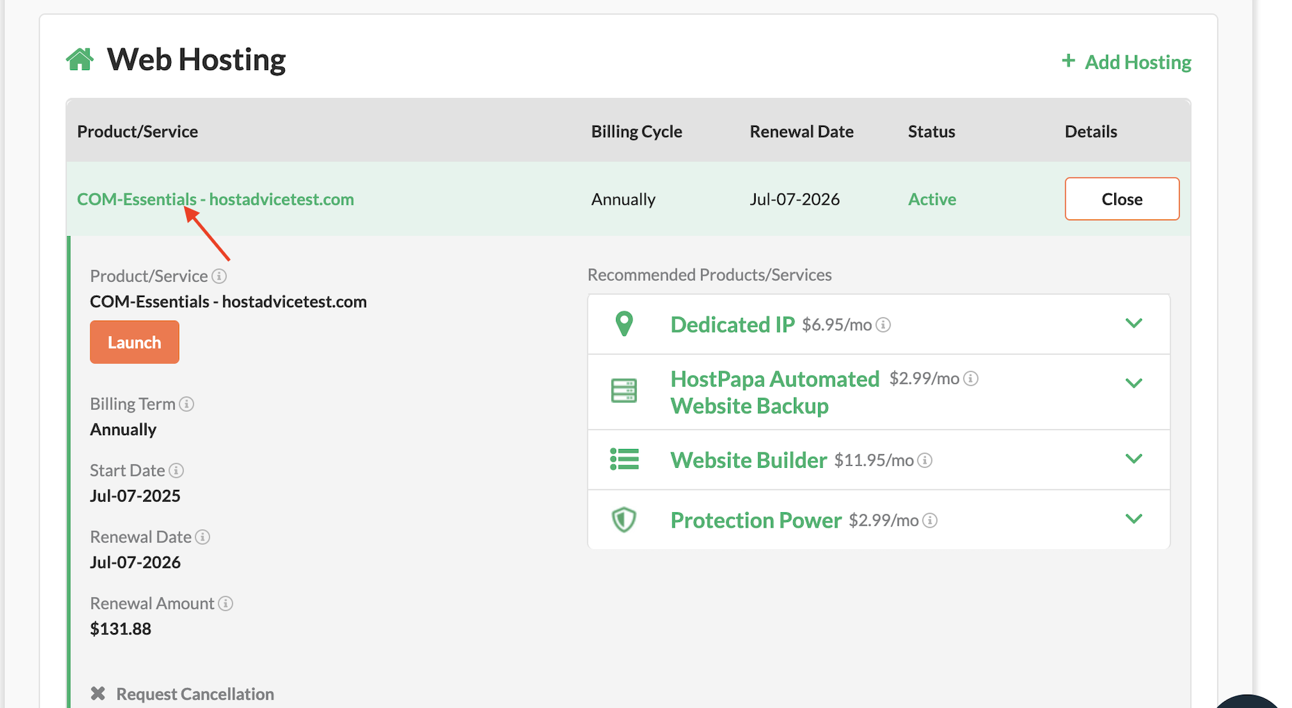HostPapa Essentials plan service details and renewal amount