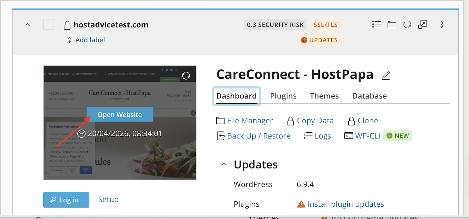 HostPapa WordPress Management site overview screen
