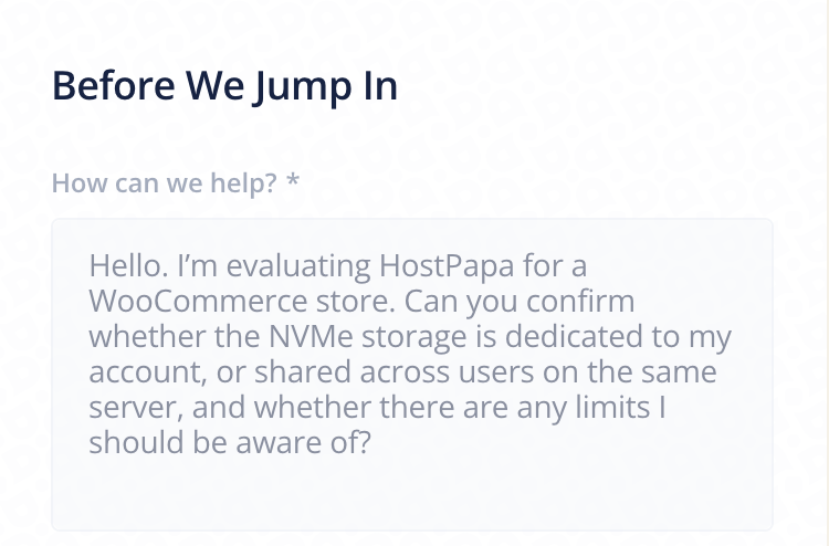 HostPapa WooCommerce NVMe storage support question in live chat