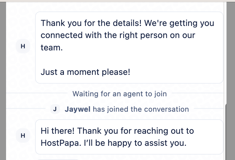 HostPapa live chat connecting to agent Jaywel