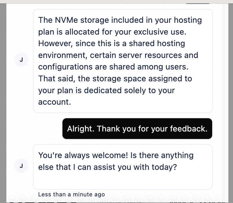 HostPapa live chat response about NVMe storage allocation