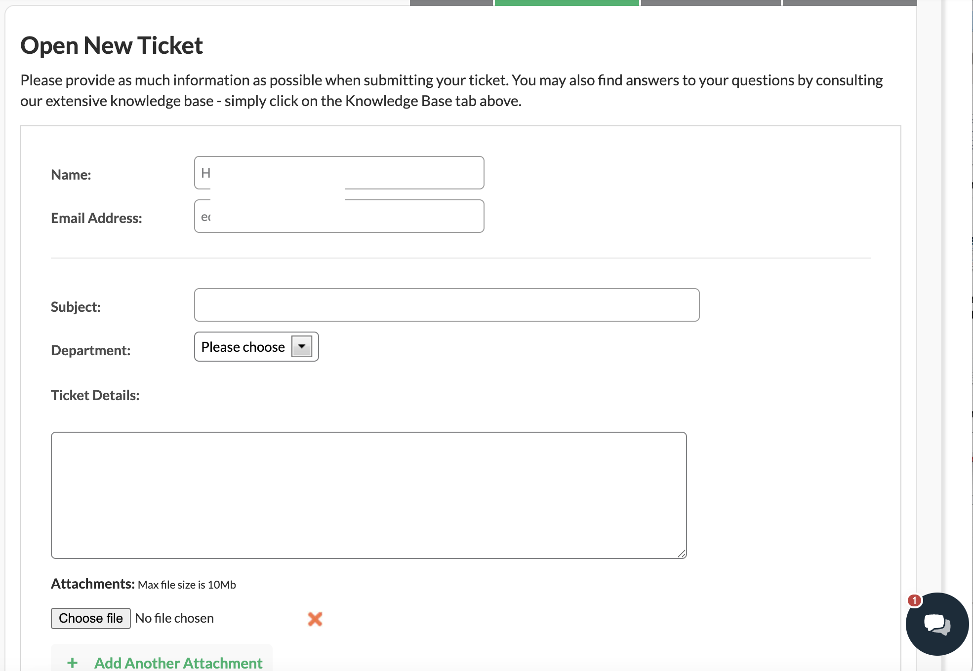 HostPapa support ticket form with subject department and message fields