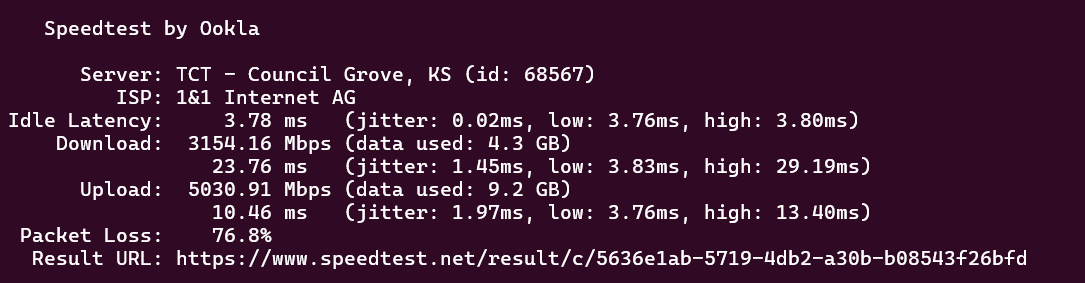 screenshot of VPS Linux XL plan Network Speed test