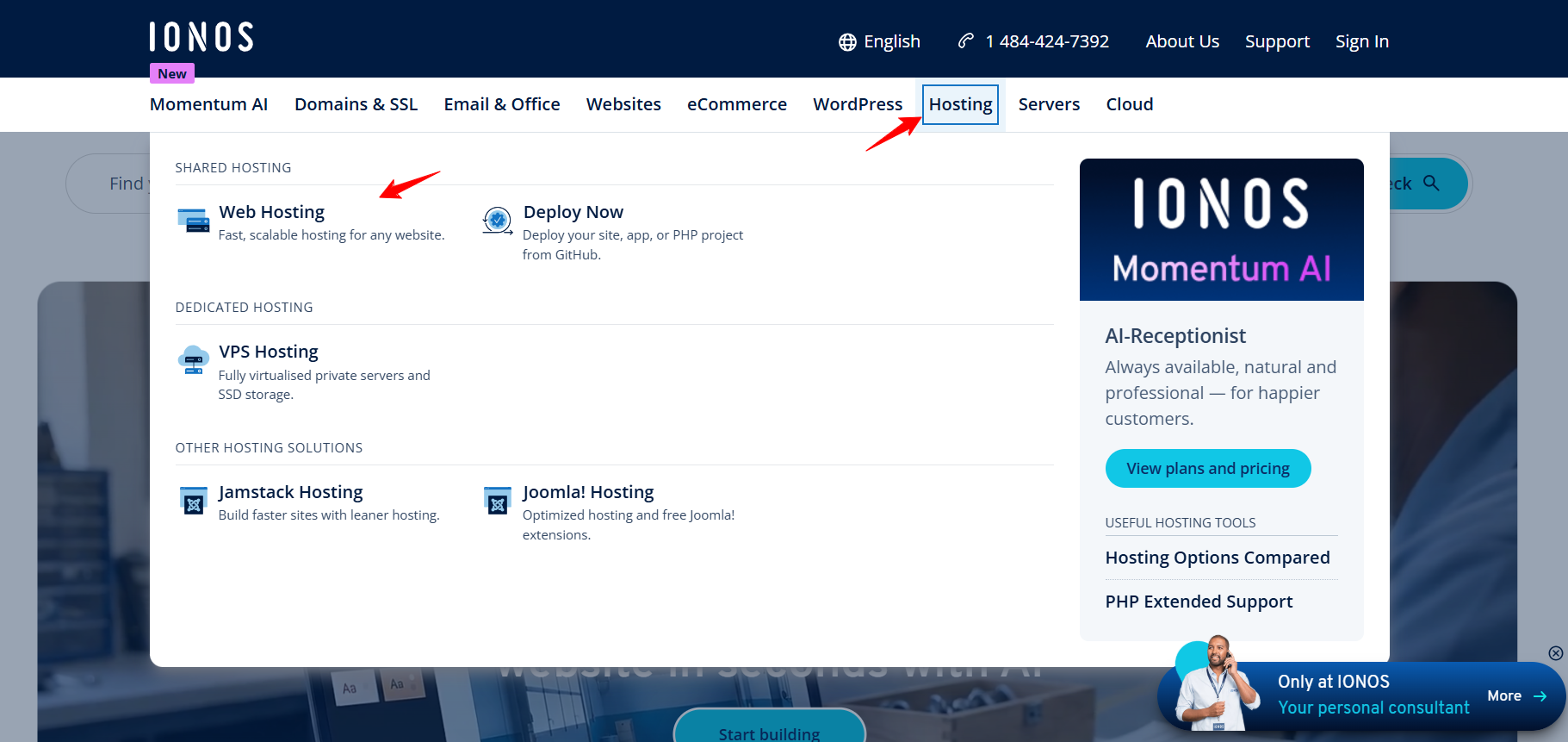 screenshot of IONOS Hosting drop down menu