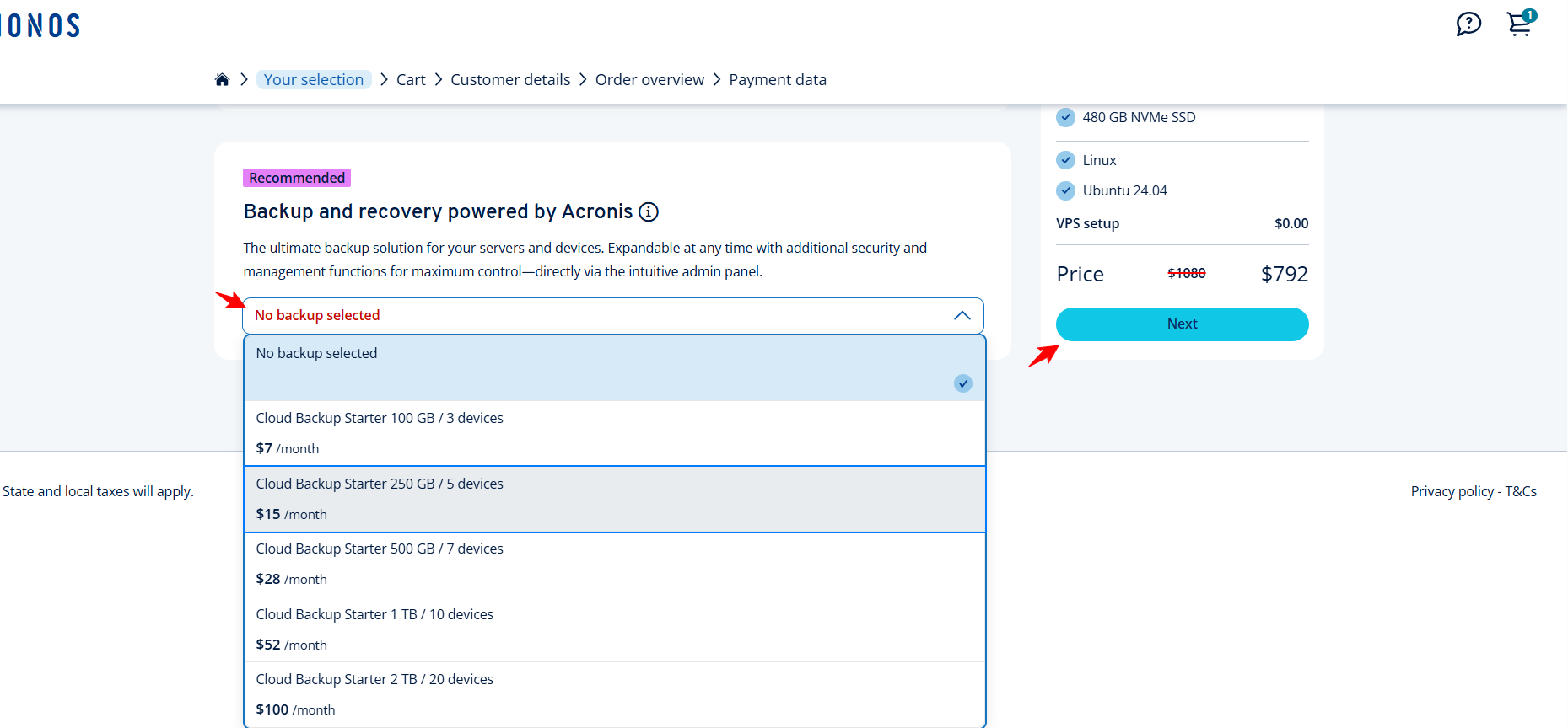 screenshot of IONOS Backup options