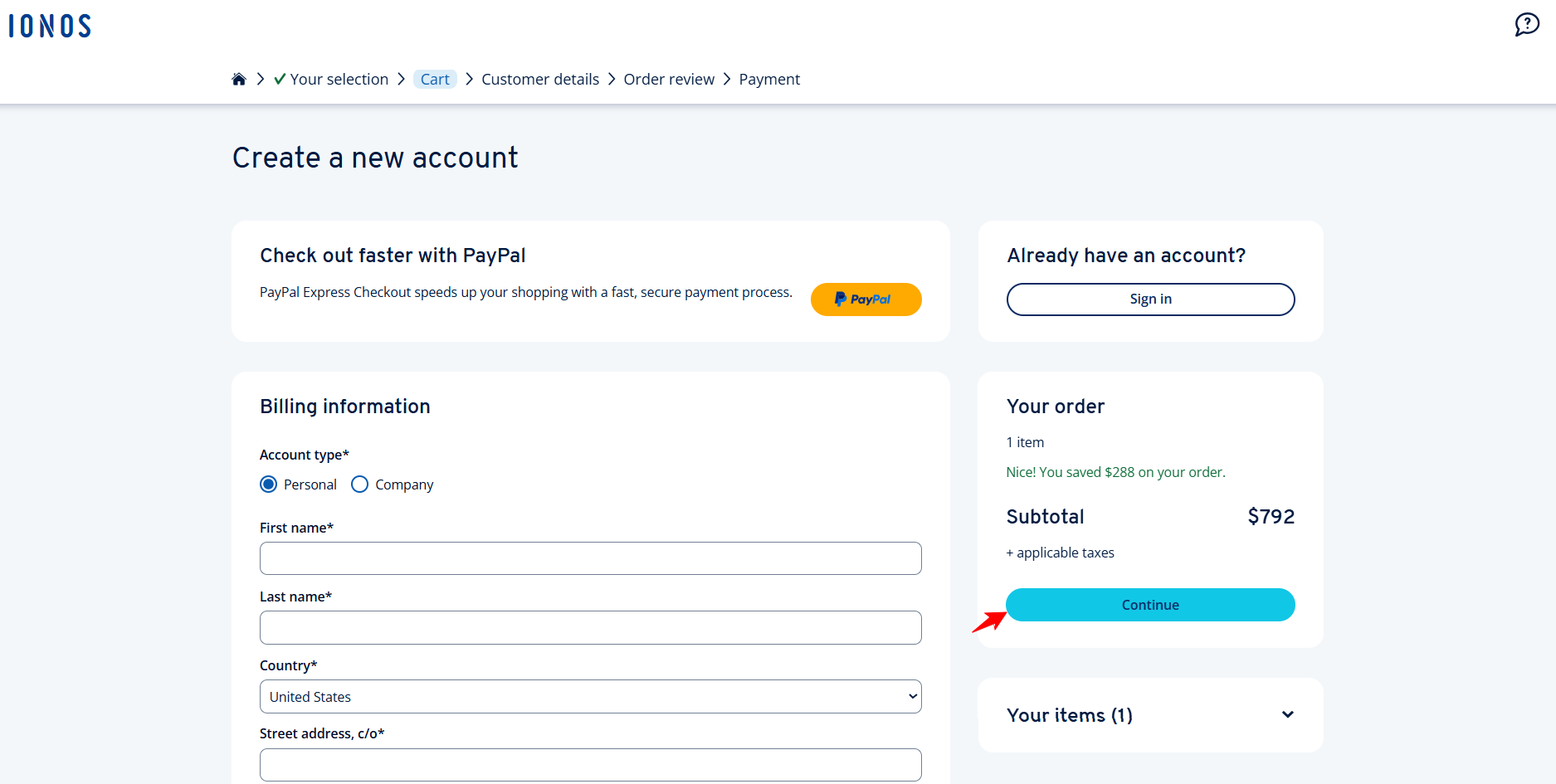 screenshot of IONOS Account info