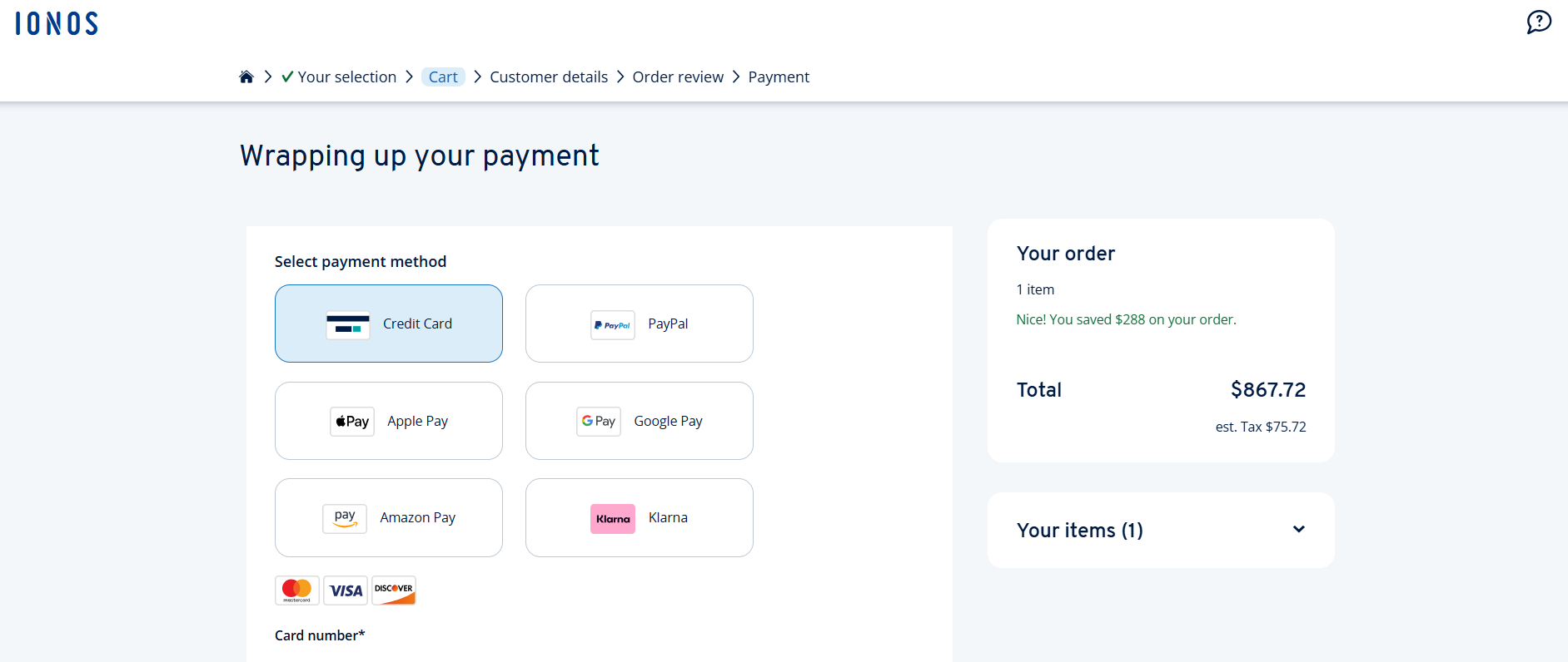 screenshot of IONOS Payment methods