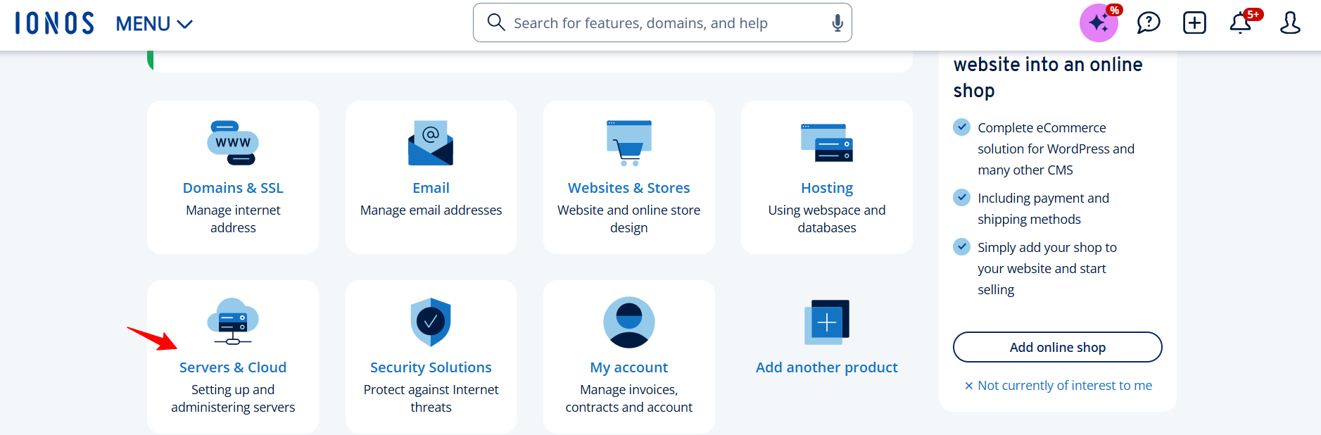 screenshot of Servers & Cloud button