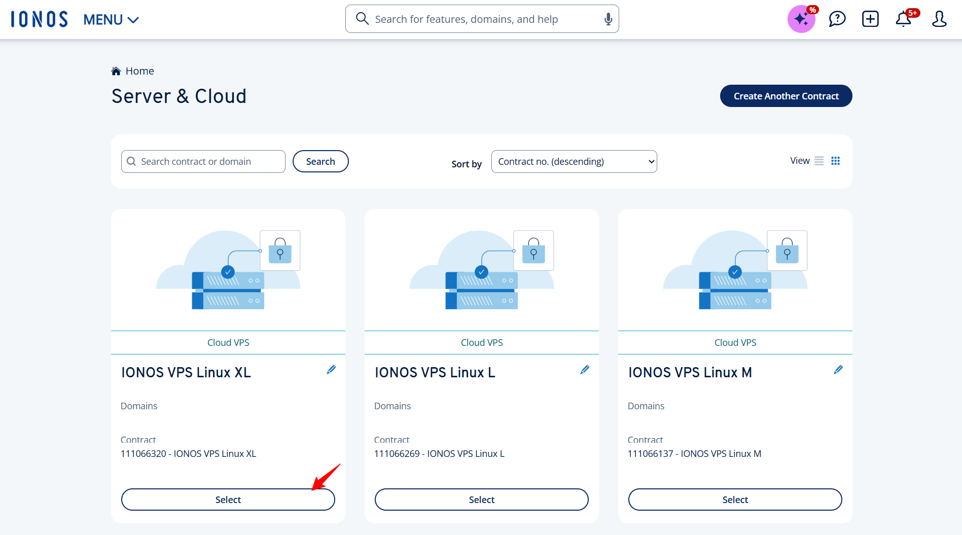 screenshot of Servers & Cloud menu