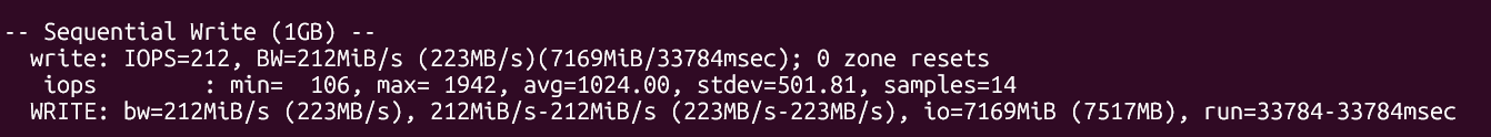 screenshot of Singapore NovaCloud Disk I/O Sequential Write test results