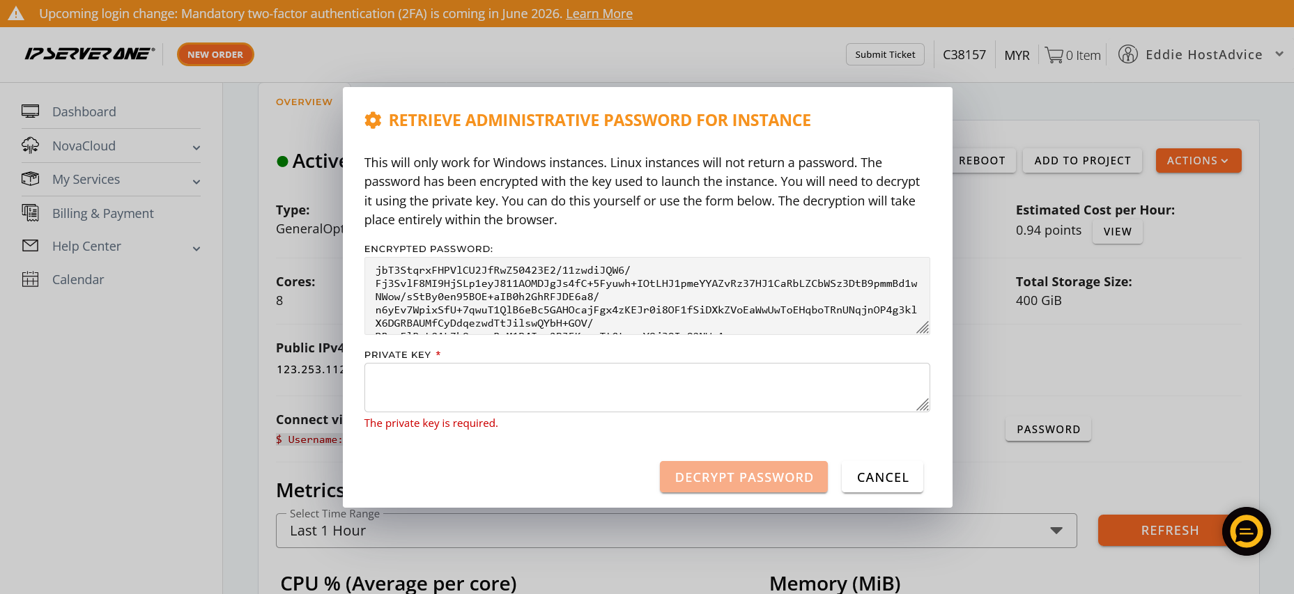 screenshot of IP ServerOne Retrieve Administrative Password for Instance