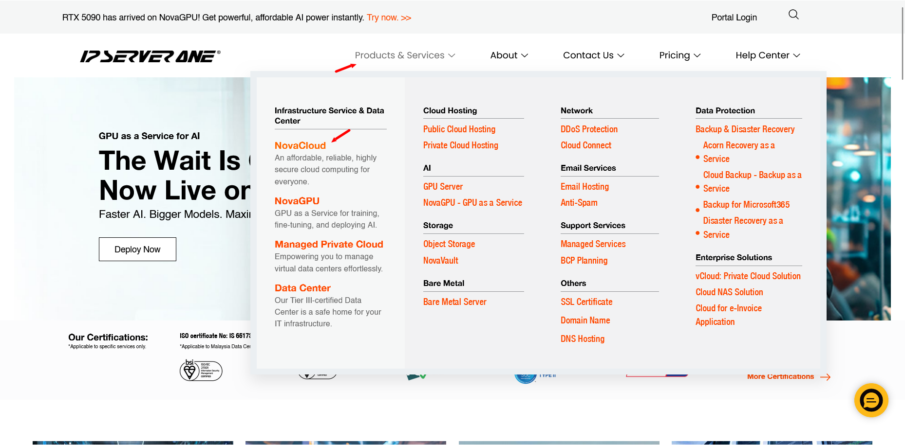 screenshot of IP ServerOne Products & Services dropdown menu
