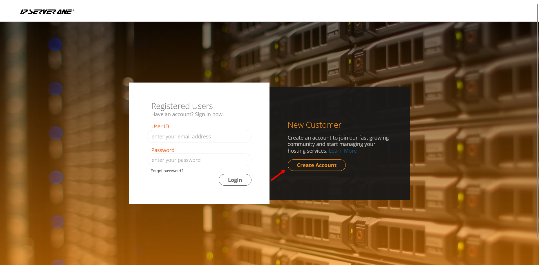 screenshot of IP ServerOne 'Create Account' button
