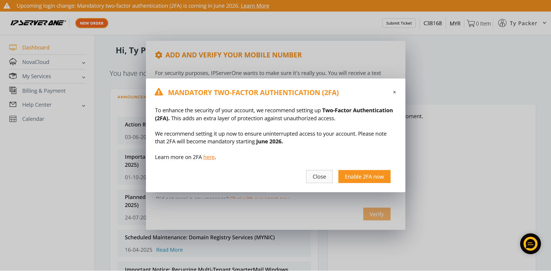 screenshot of IP ServerOne 2FA settings