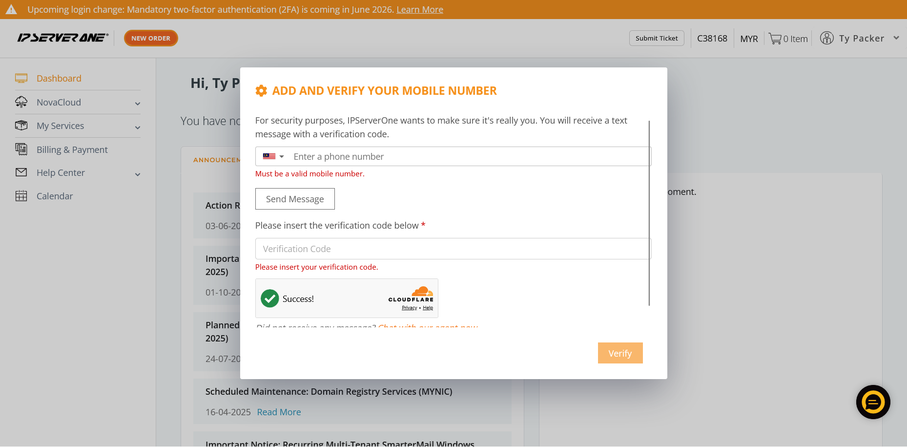 screenshot of IP ServerOne Mobile Number verification