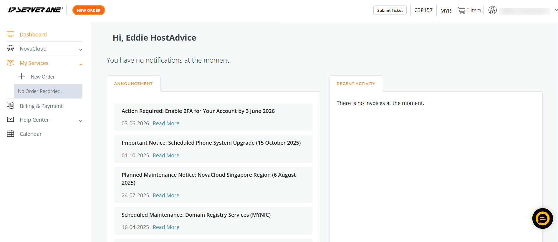 screenshot of IP ServerOne dashboard