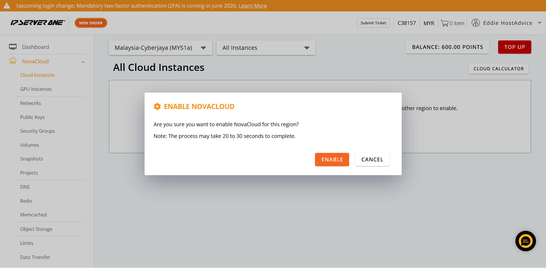 screenshot of IP ServerOne 'Enable Novacloud' window