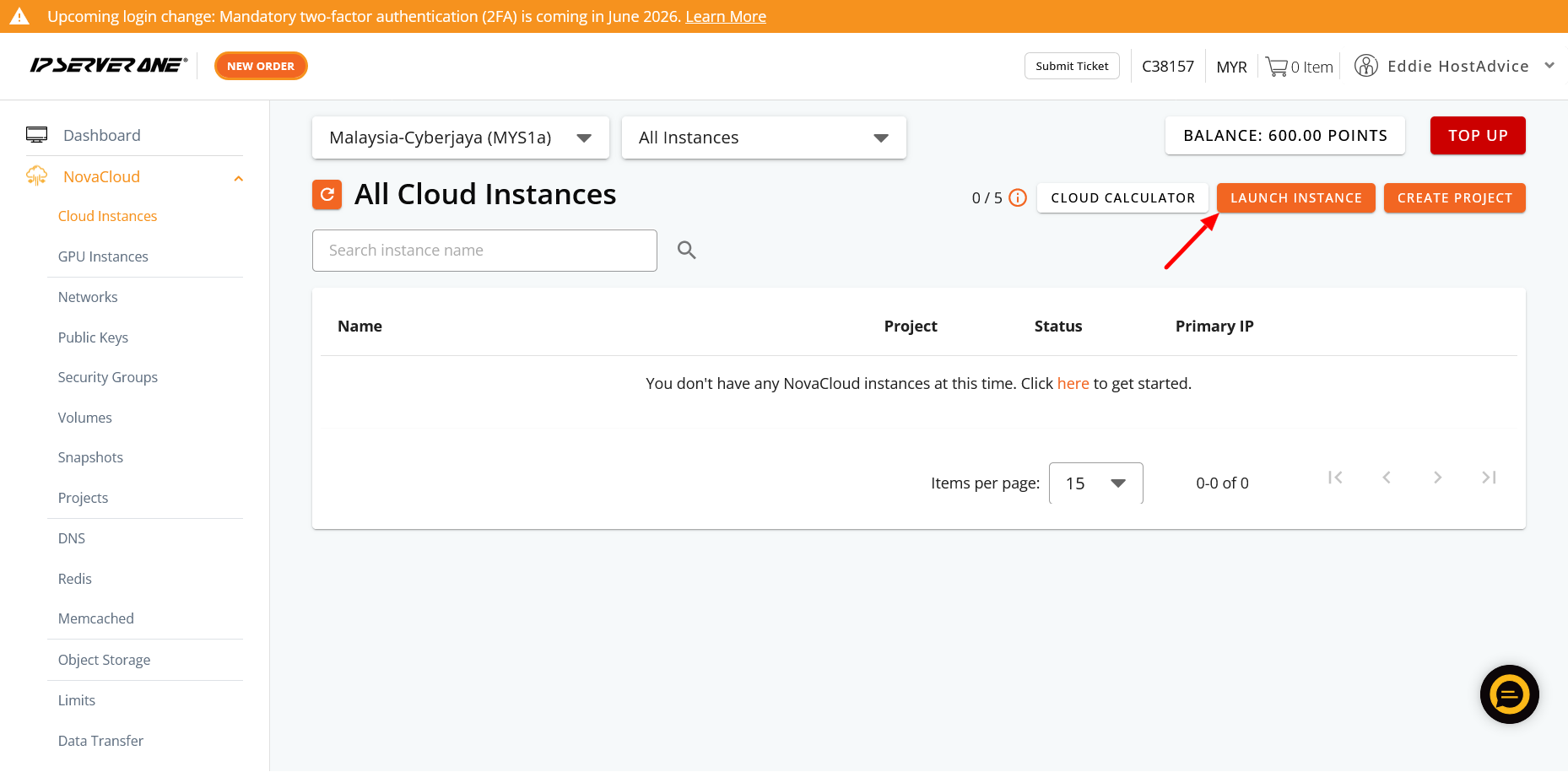 screenshot of IP ServerOne 'Launch Instance' button