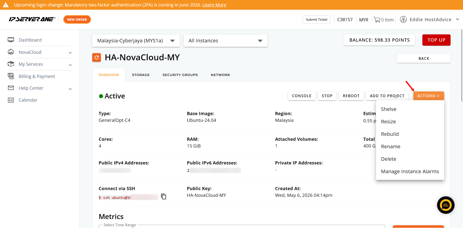 screenshot of Actions dropdown menu