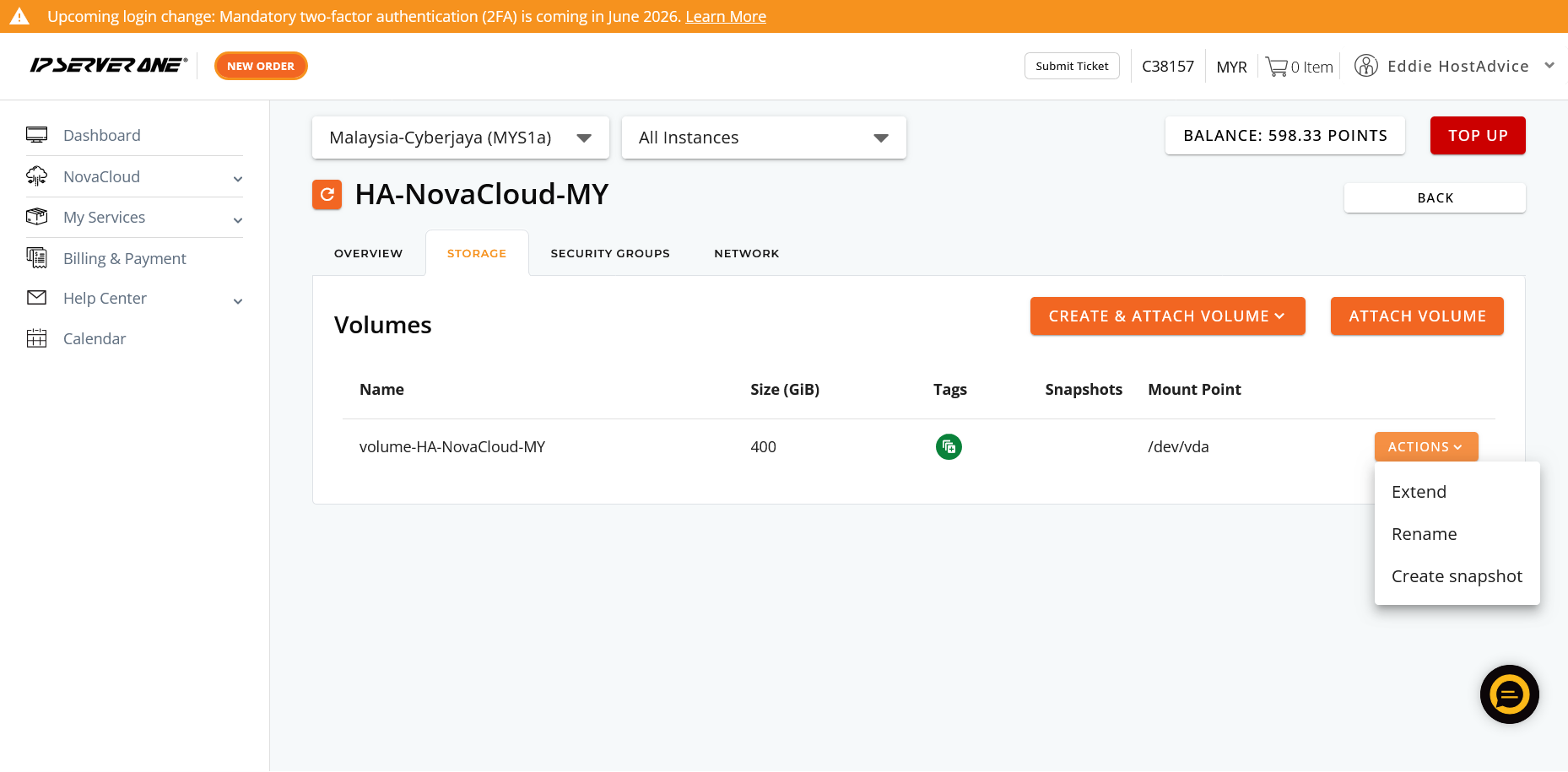 screenshot of Actions dropdown menu