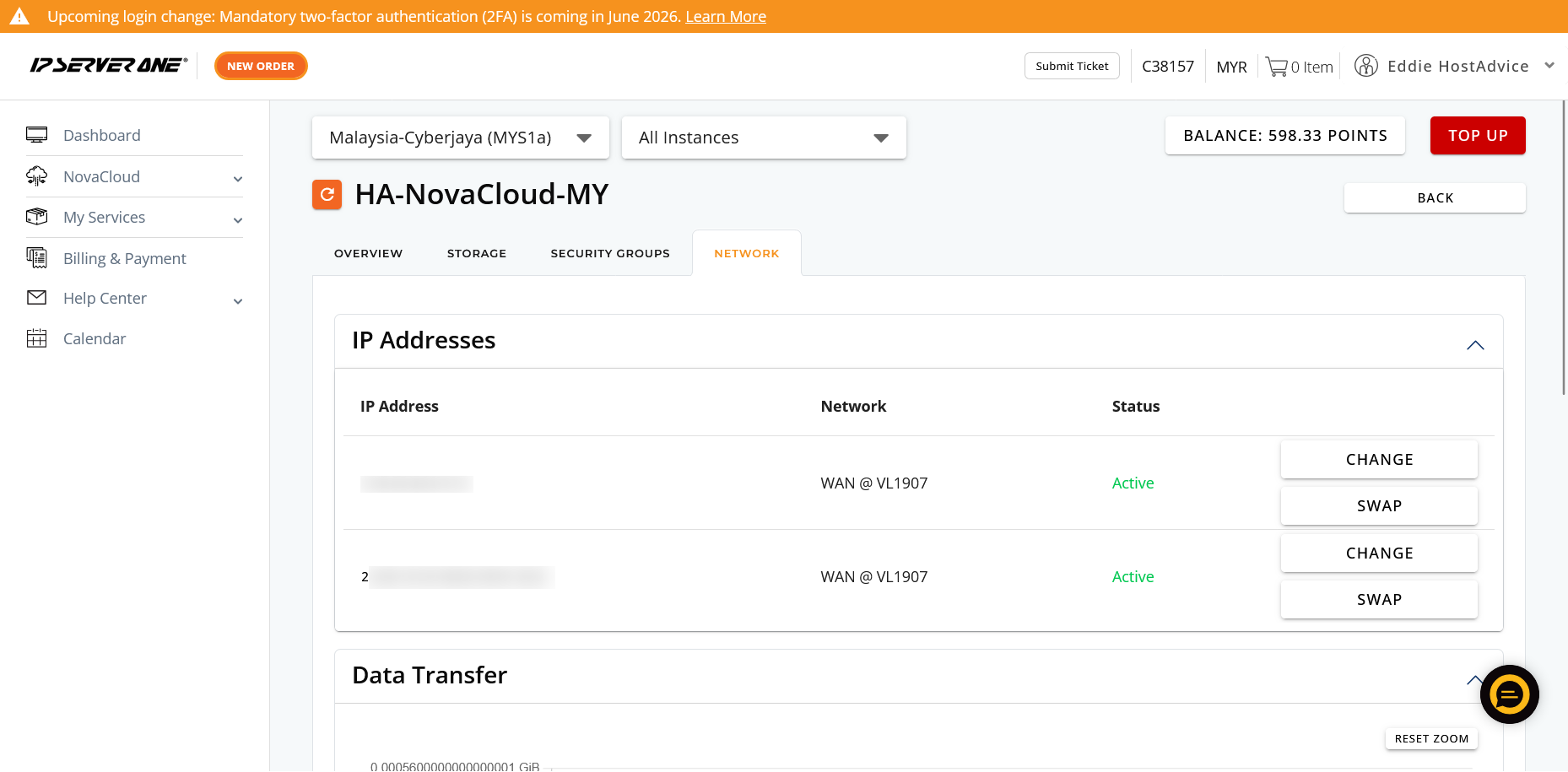 screenshot of IP Addresses menu