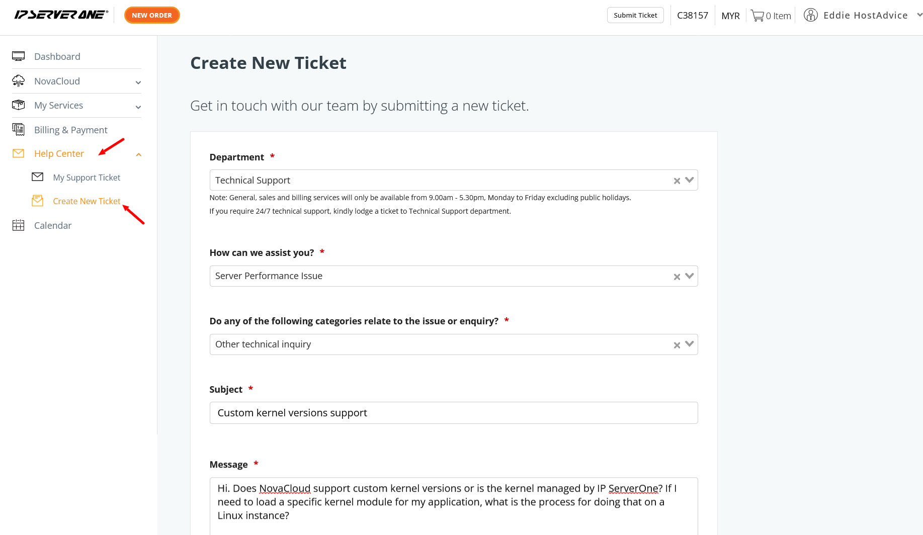 screenshot of Create New Ticket menu
