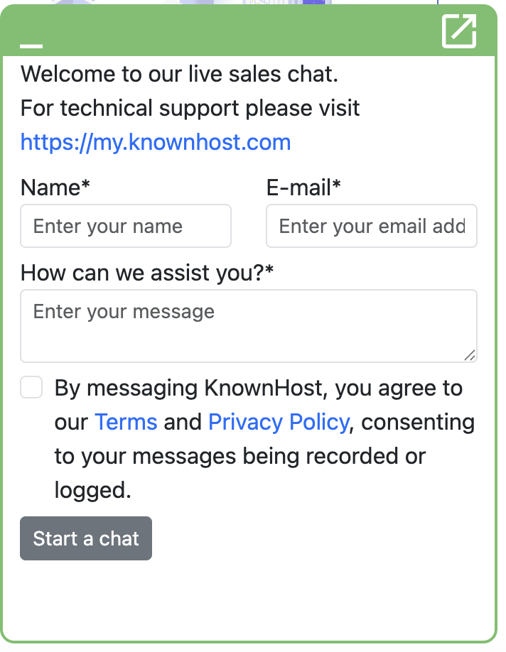 screenshot of Knownhost live chat menu