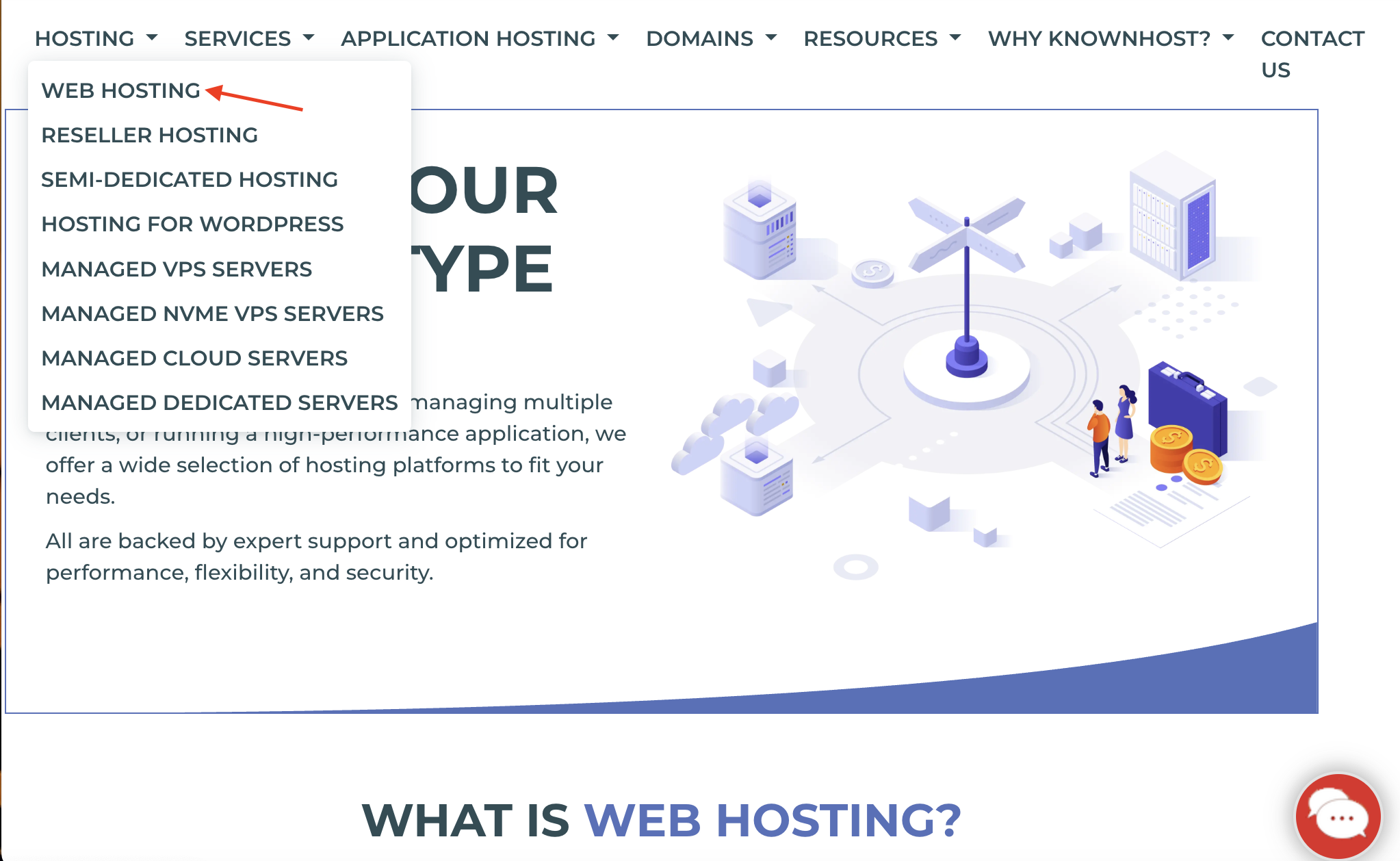 screenshot of Knownhost Hosting dropdown menu