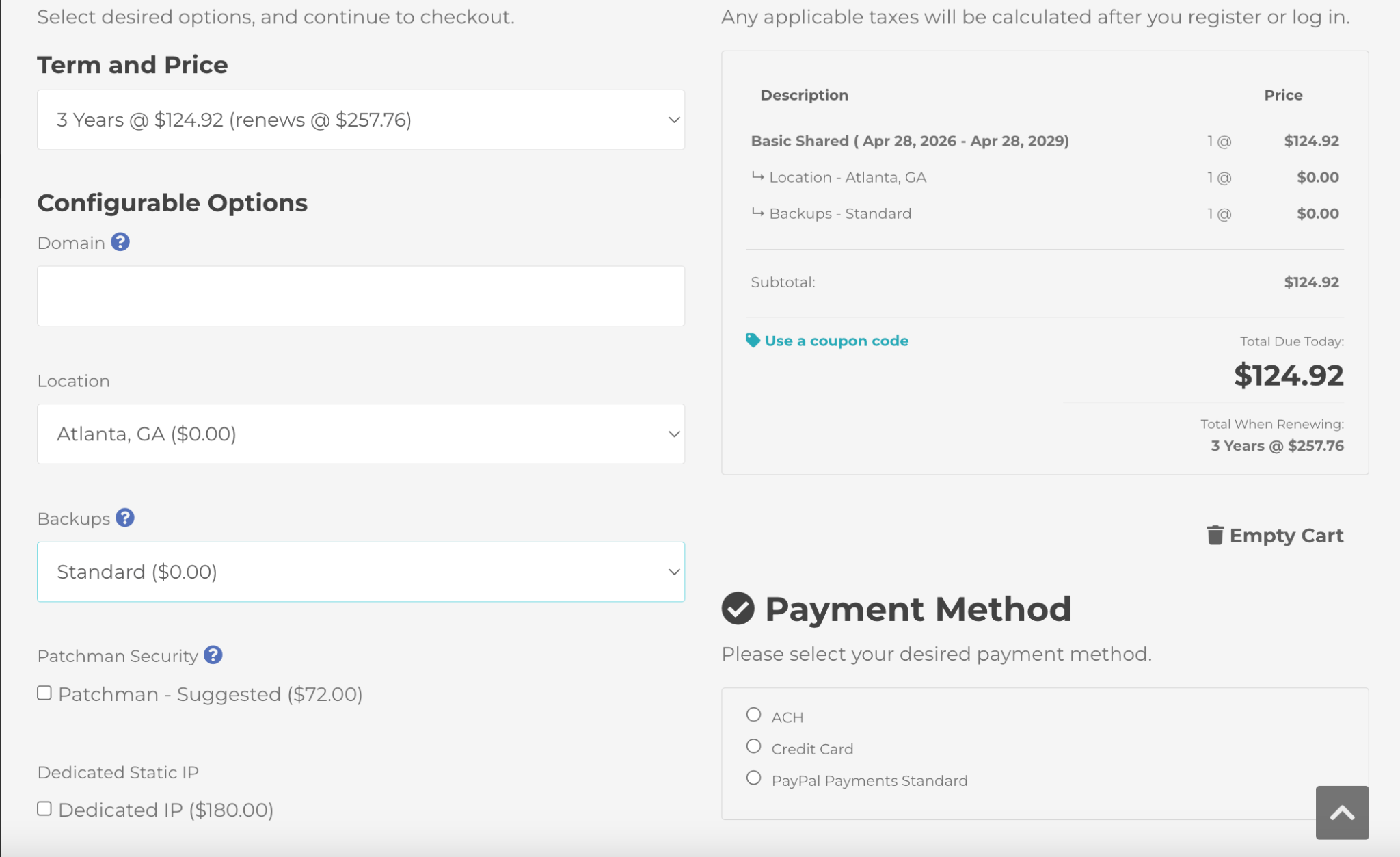 screenshot of Knownhost Hosting plan configurations