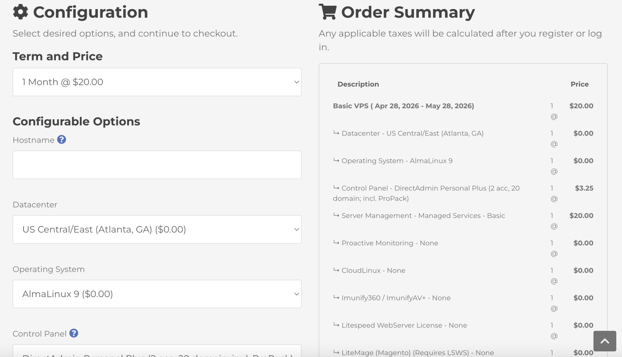 screenshot of Managed VPS Hosting plan configurations