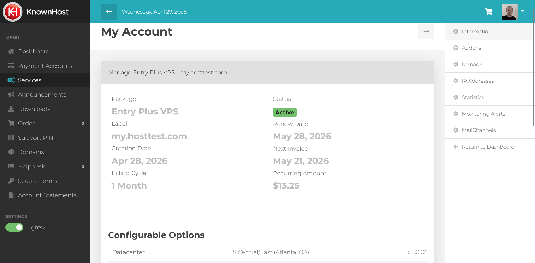 screenshot of Account information