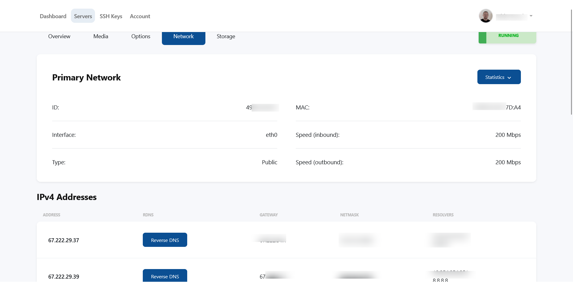 screenshot of Servers Network menu