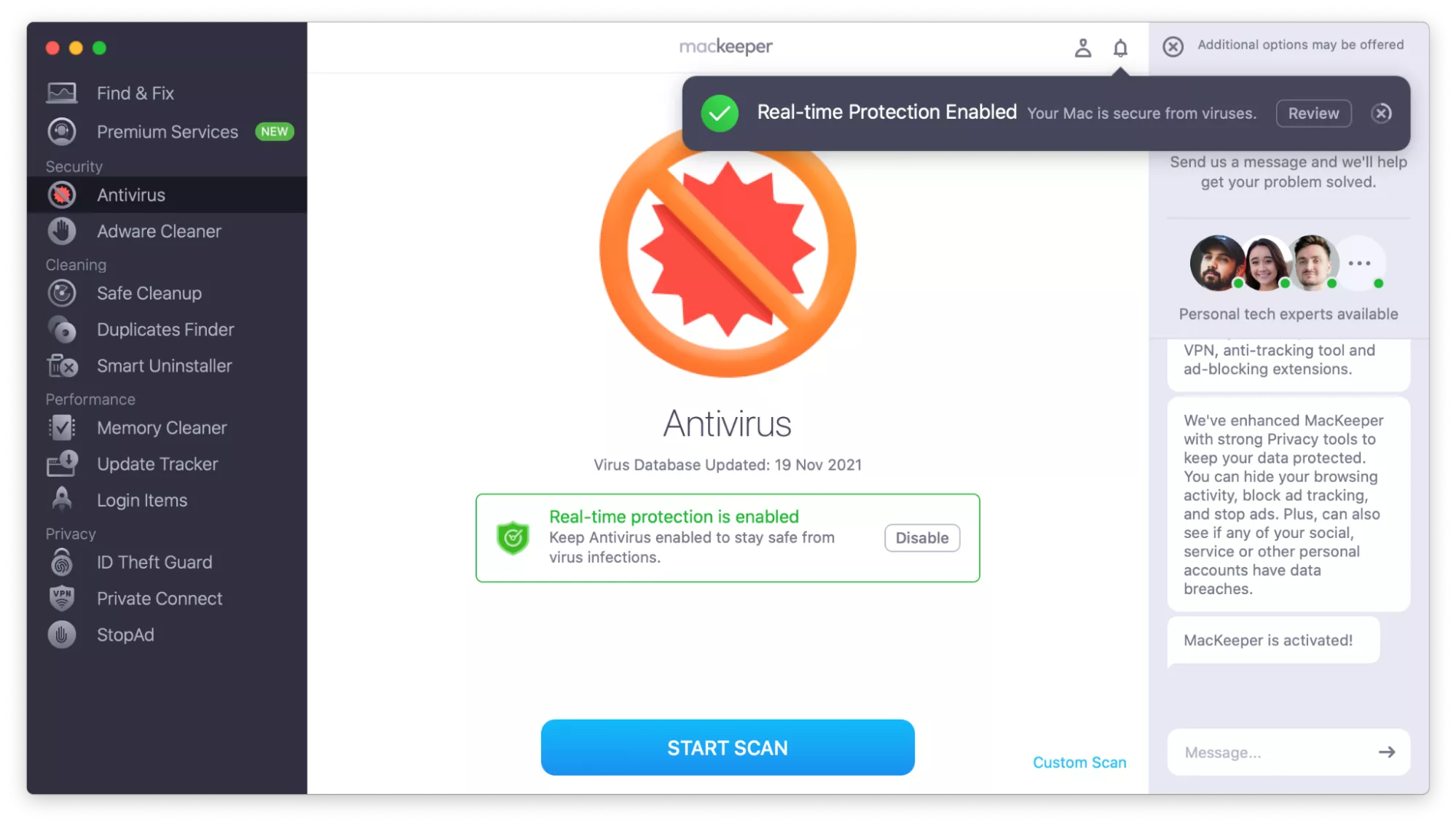 screenshot of 'Real Time Protection Enabled' message