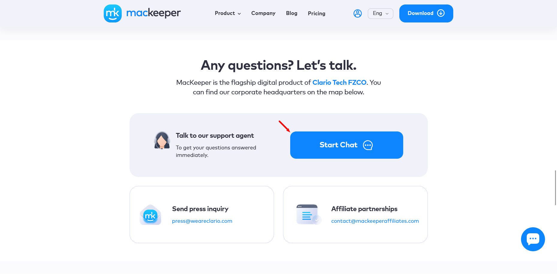 screenshot of Start Chat button