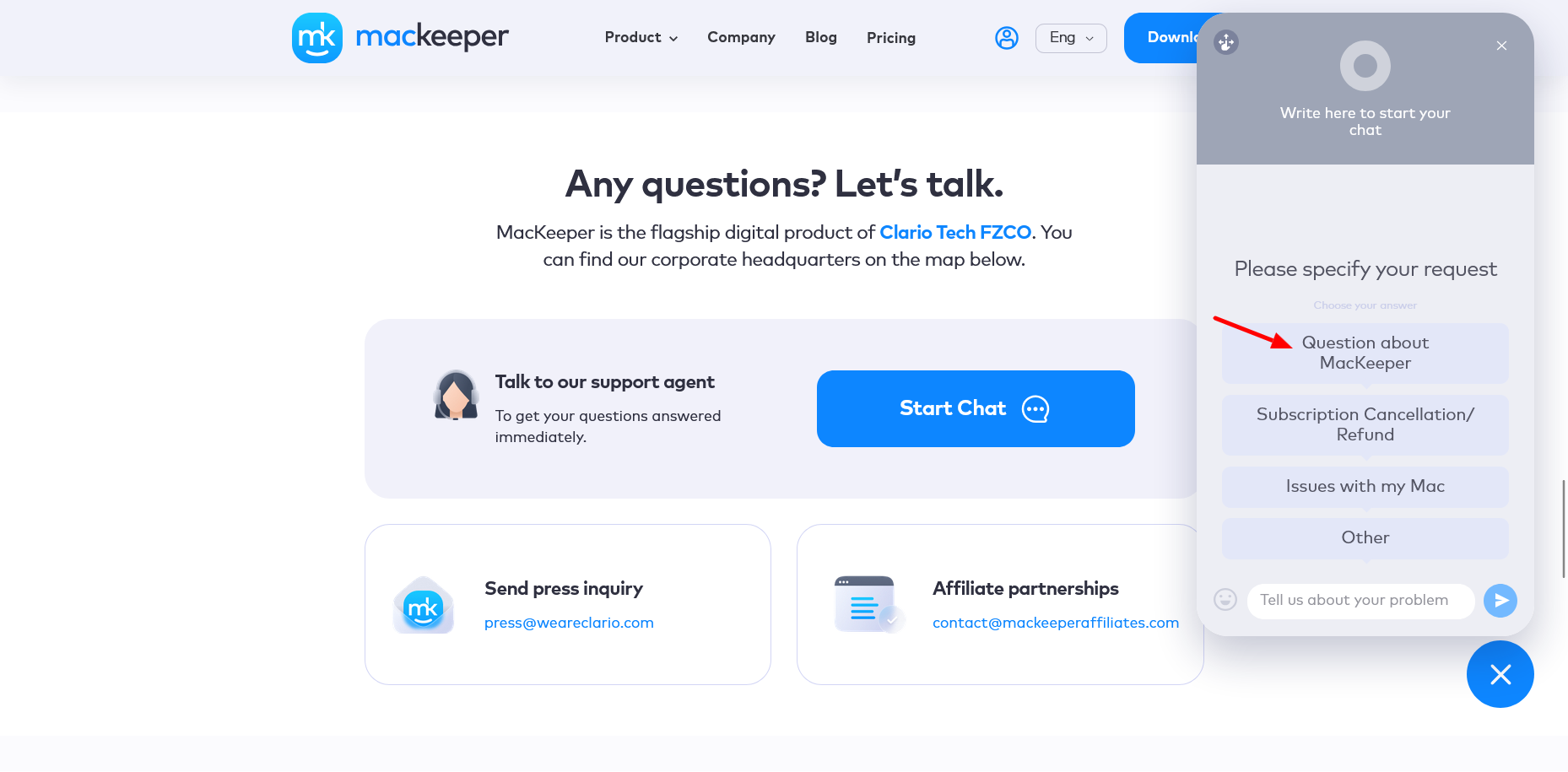 screenshot of the Chat widget