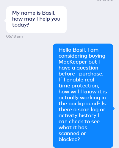 screenshot of the Live Chat conversation