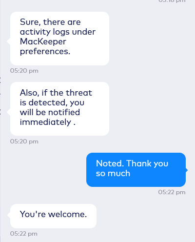 screenshot of the Live Chat conversation