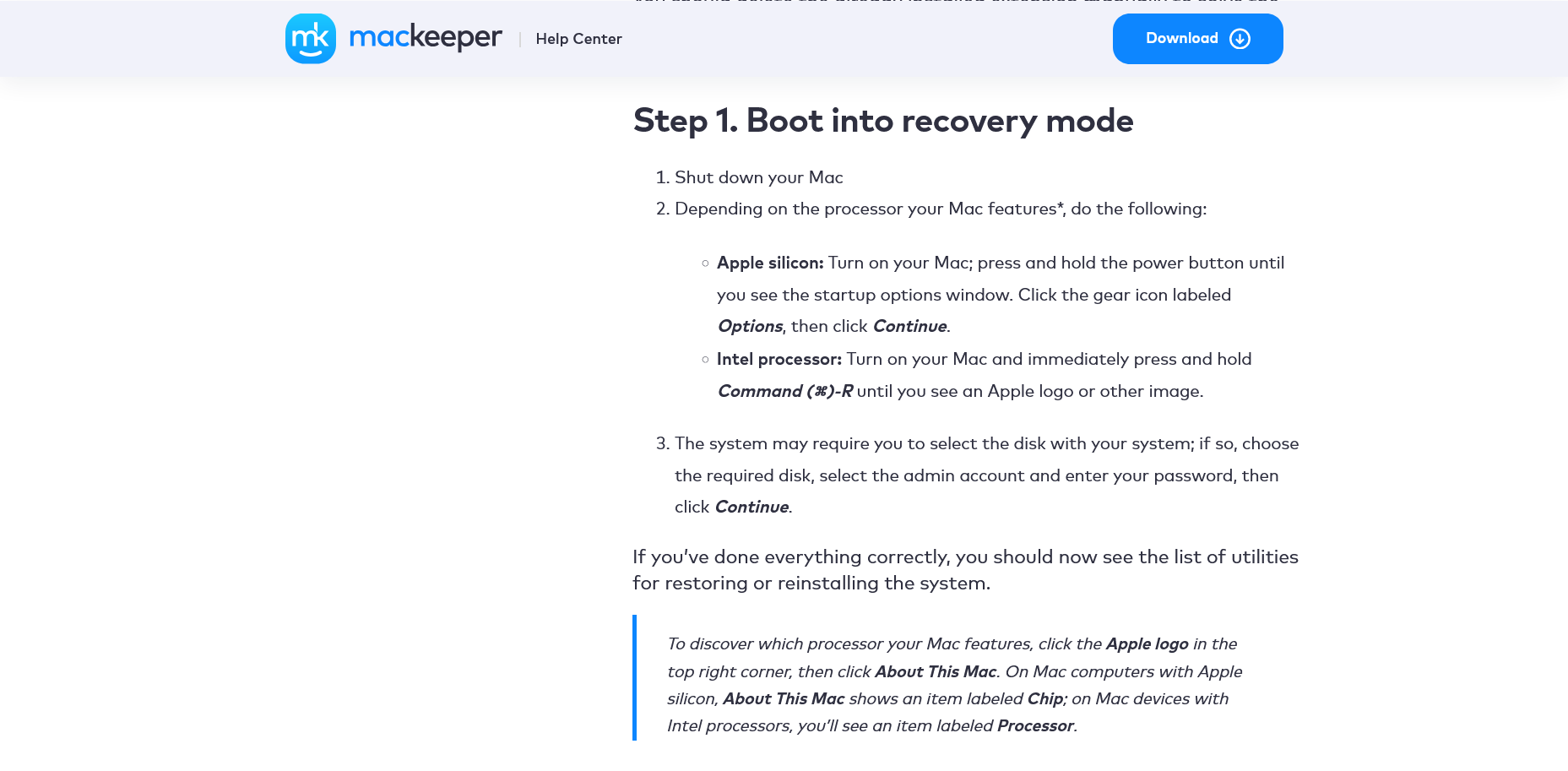 screenshot of the Help Center article