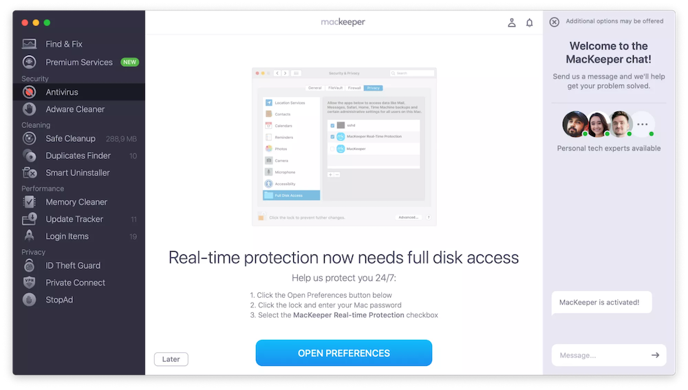 screenshot of Mackeeper 'Real-time protection now need full disk access' Message