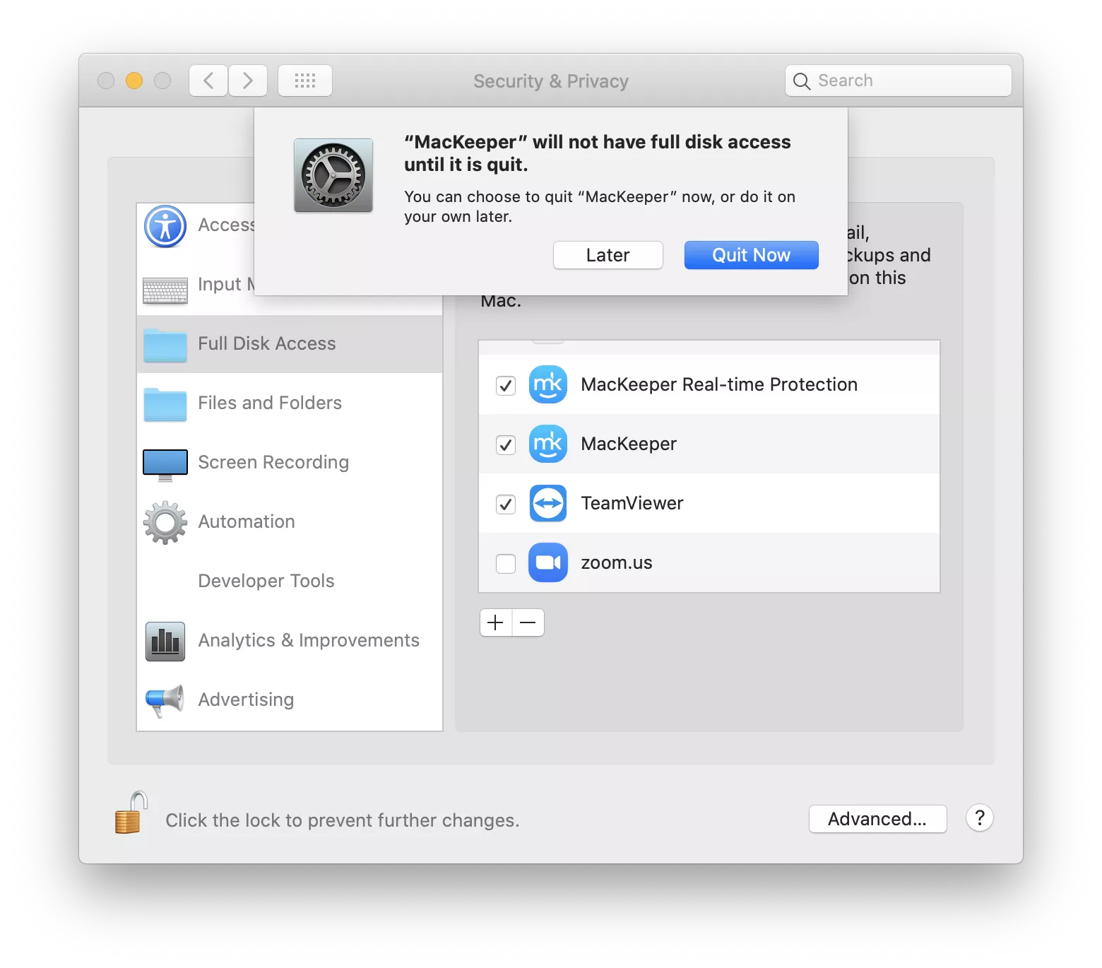 screenshot of Security & Privacy mac menu