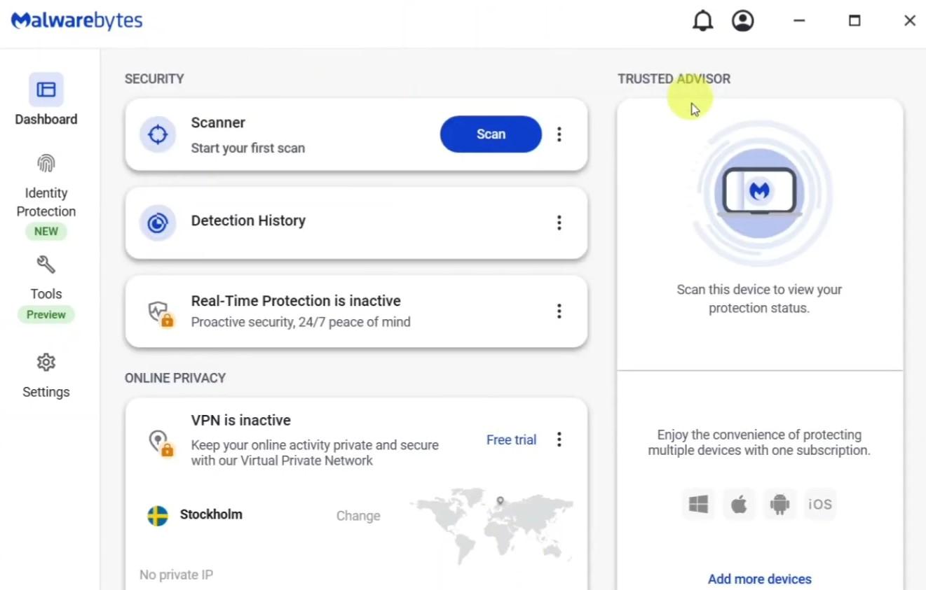 screenshot nadzorne ploče Malwarebytesa