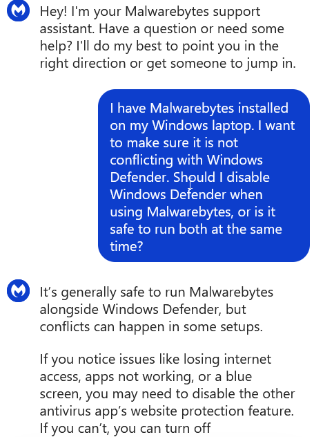 screenshot razgovora s Malwarebytes Live Chatom