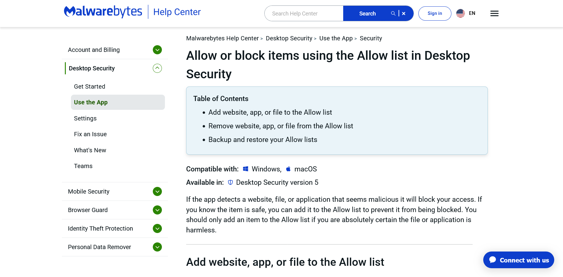 screenshot članka pomoći Malwarebytesa