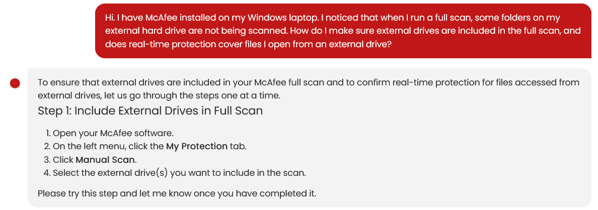 screenshot of McAfee chat conversation