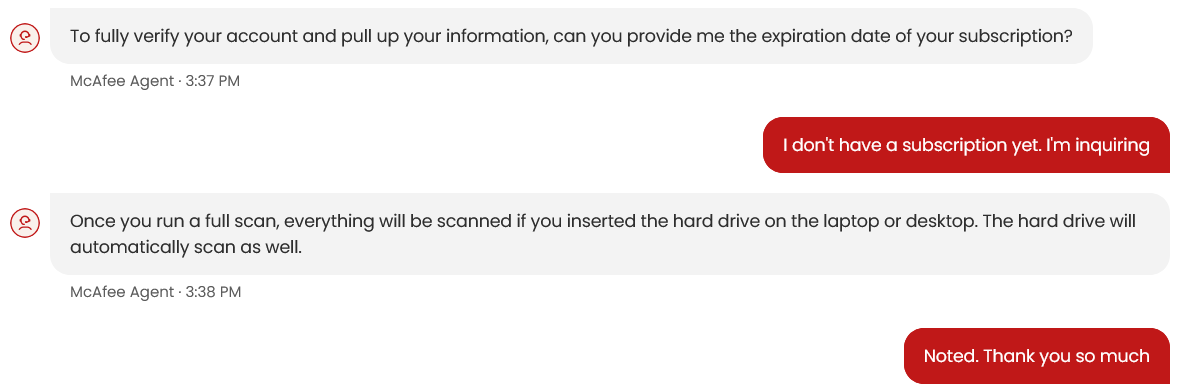screenshot of McAfee chat conversation