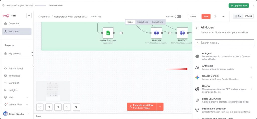 n8n Workflow Editor with AI Nodes Panel for LLM and Agent Integration