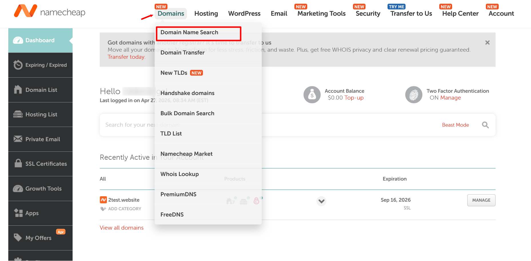 Namecheap Domains dropdown menu
